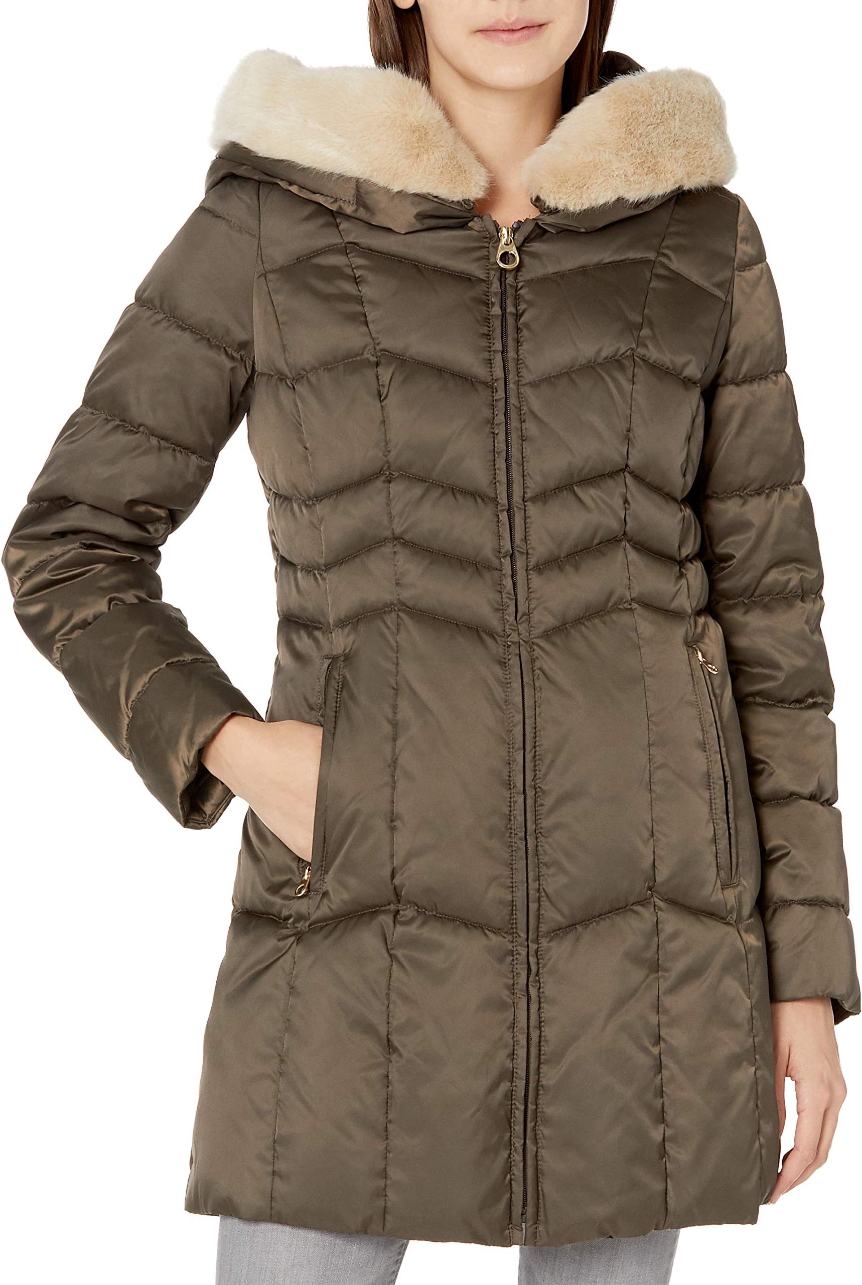 Haven Outerwear Women's Chevron Puffer Coat with Faux Fur Trim