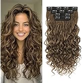 Flvaco Curly Clip In Hair Extensions, 4PCS 16 Inch Light Brown Extensions Clip Ins Lace Weft Short Curly Invisible Natural Hairpieces for Women