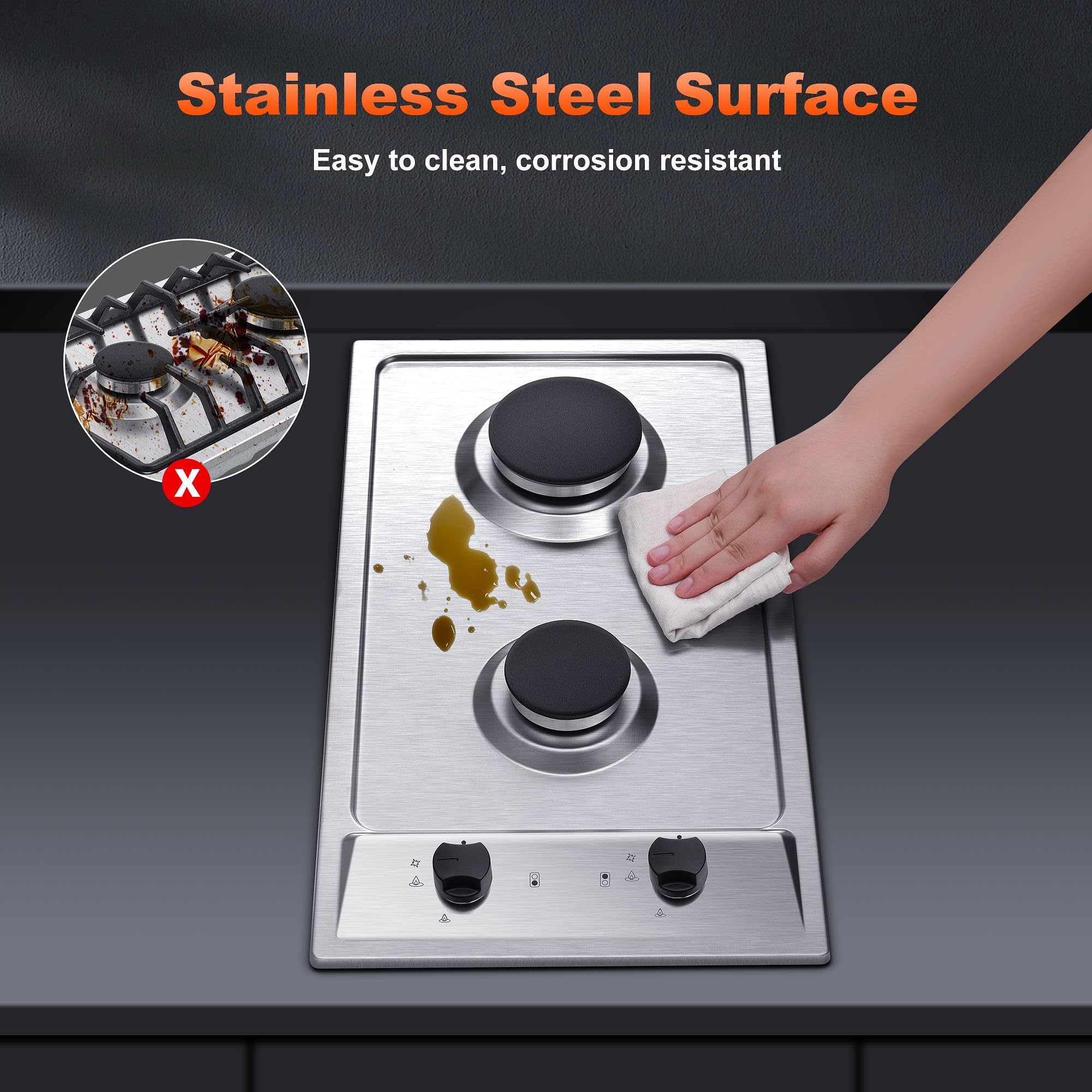 2-Burner Gas Cooktop with Thermocouple Protection - NG/LPG Convertible 12