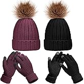 4 Pcs Winter Beanie Hat Gloves Set Pom Knit Unisex Warm Fleece Lined Hat Touchscreen Gloves for Women Men Couples Friends