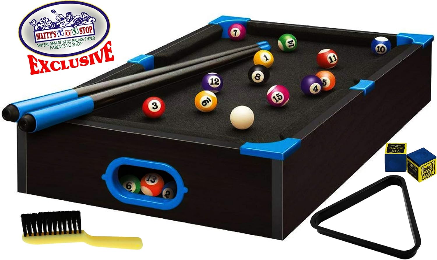 Matty's Toy Stop Deluxe Wooden 20" Mini Table Top NEON Pool (Billiards) Table with 15 Colored Balls, 1 Cue Ball, 1 Brush, 2 Pool Sticks, 2 Cubes of Chalk & Racking Triangle : Sports & Outdoors