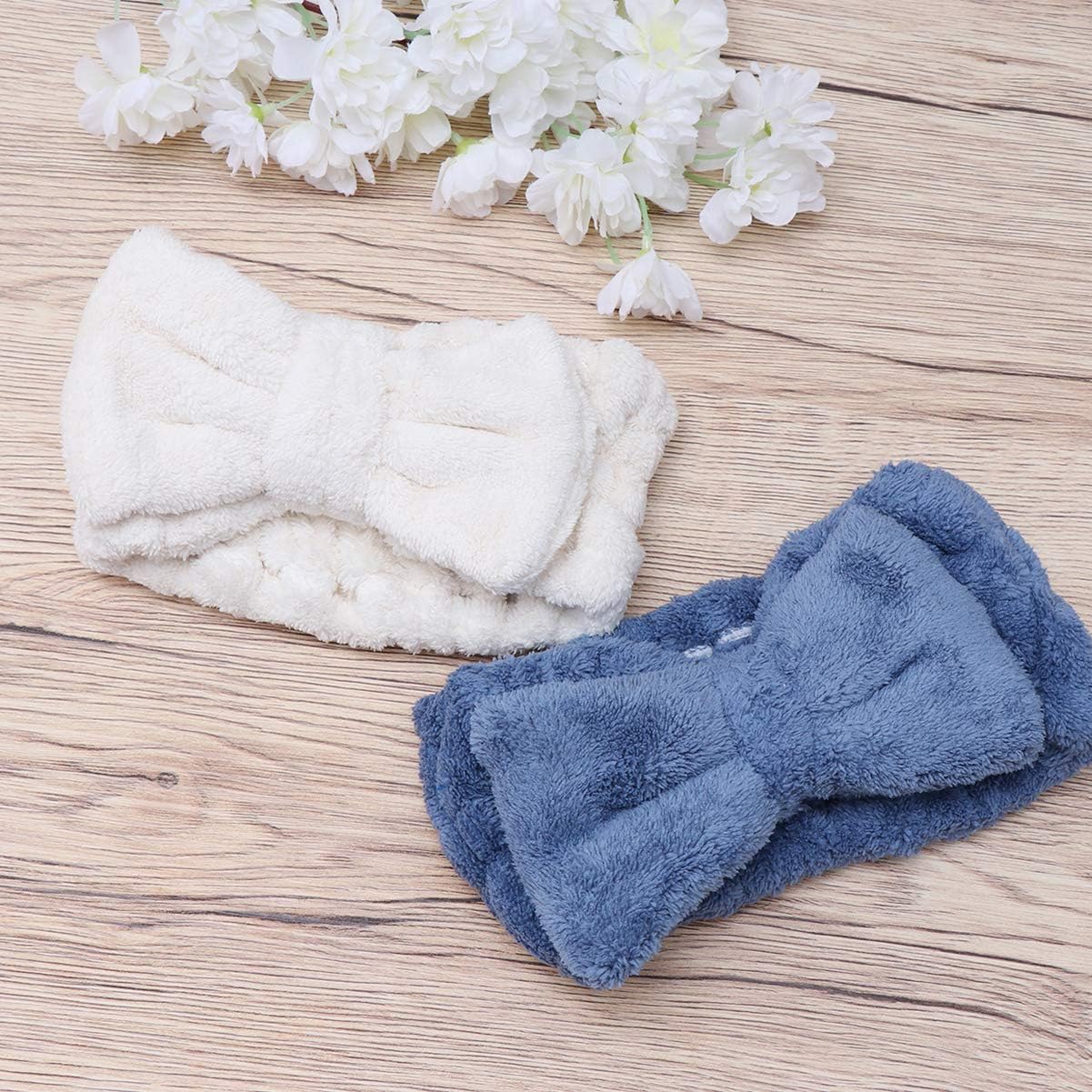 Beaupretty Bow Makeup Headband Coral Fleece Shower Headwrap Elastic Hairband for Women,2pcs(White,Blue), blue;white, Size 1 - Image 5