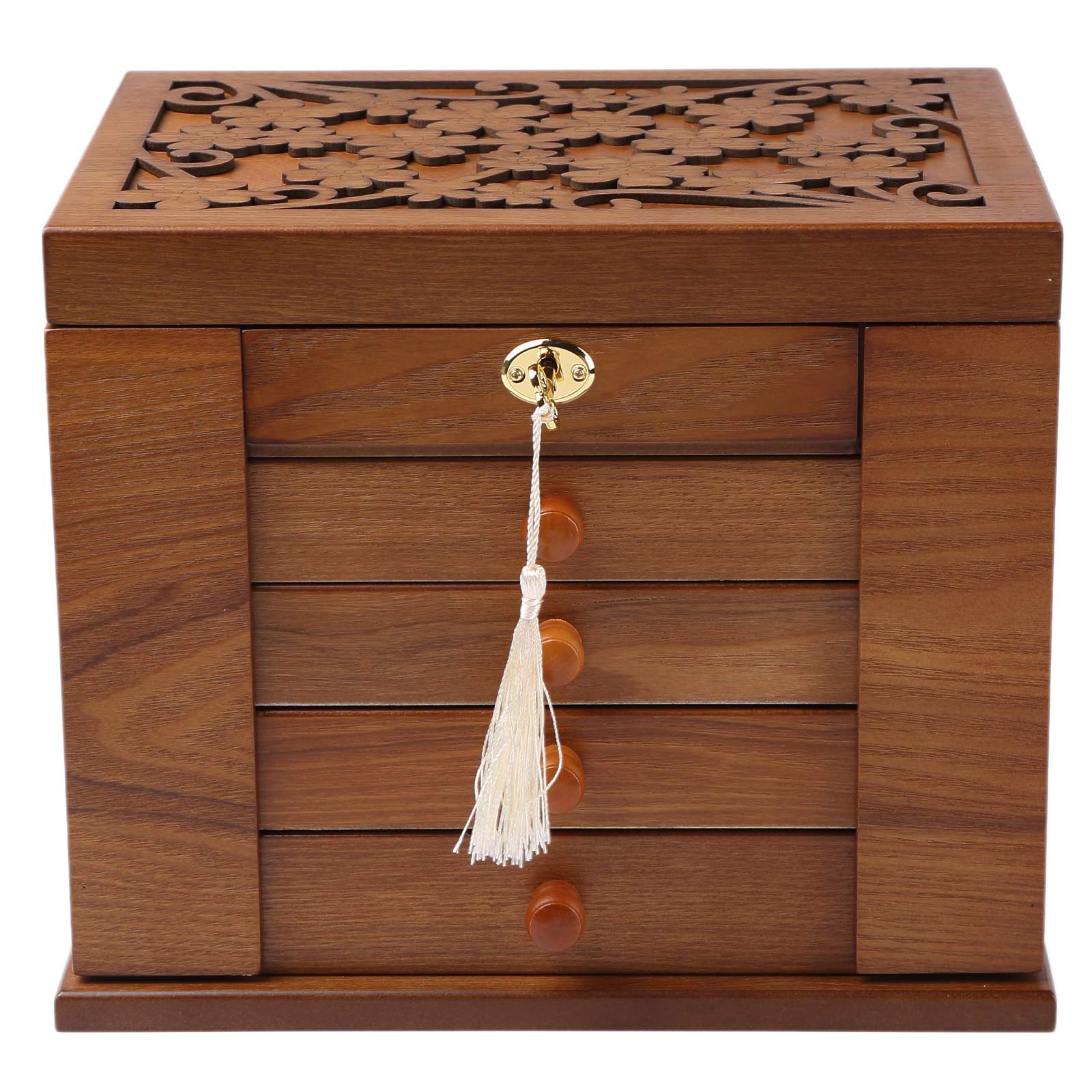 Photo 1 of Changsuo Wooden Jewelry Box for Women, Organizer Box of Solild Wood with Lock and Key for Jewelries, Watches, Necklace, Ring, Lockable Storage Case (Cherry)