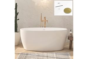 FerdY Tahiti 55" Acrylic Freestanding Bathtub, Elegant Oval Shape Soaking Bathtub, Glossy White, Polished Gold Drain & Integrated Slotted Overflow Assembly Included cUPC Certified