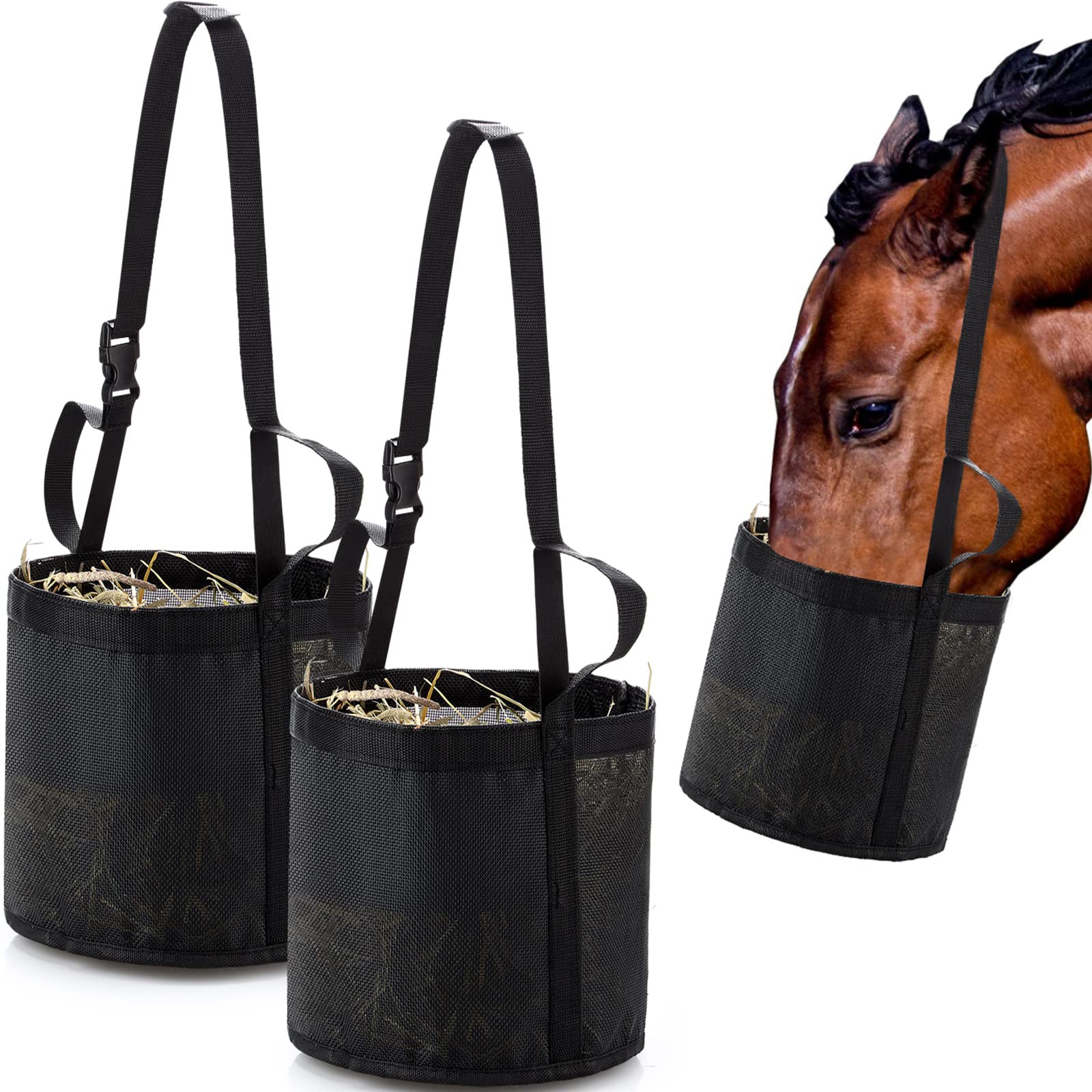 Photo 1 of Sumind 2 Pcs Feed Horses Bag for Grain Hay Bags Heavy Duty Mesh Horse Feeder with Adjustable Strap Comfort Neck Pad Nose Pad and Waterproof Bottom Muzzle(Black)