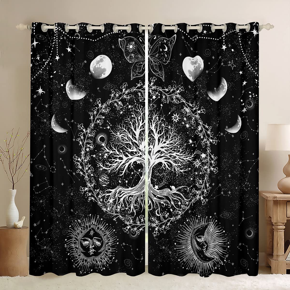 Loussiesd Sun and Moon Blackout CurtainsBohemian Tree Butterfly Curtain Psychedelic Hippie Darkening Window Dreapes for Galaxy Astrology Window Treatments W66*L72
