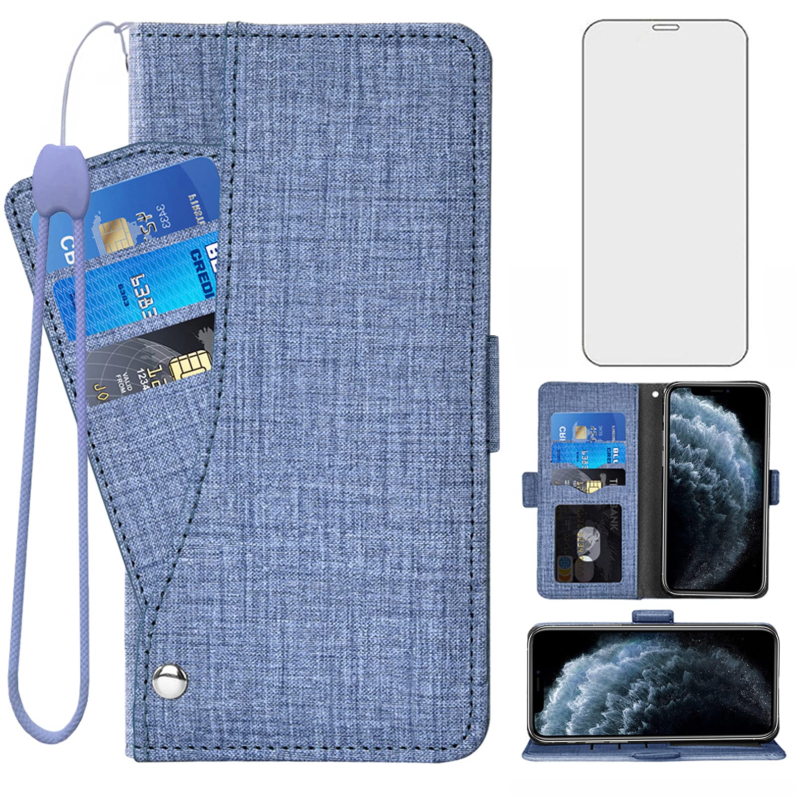 Asuwish Compatible with iPhone 11 Pro Max 6.5 Wallet Case Tempered Glass Screen Protector and Leather Flip Cover Card Holder Stand Cell Phone Cases for iPhone11 11pro Promax i XI Plus Women Men Blue