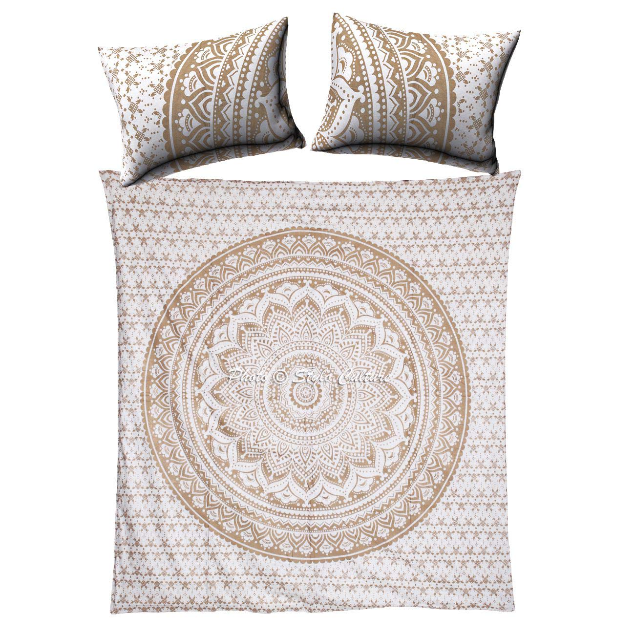 Stylo Culture Indian Cotton Gold Duvet Cover Set With Pillowcases Double Kids Blanket Cover Floral Ombre Printed Home Decor Mandala Quilt Cover Set