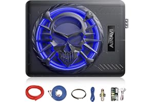 AINAVI 10" Active Slim Under Seat Car Subwoofer, 800W Powered Subwoofer, High/Low-Level Input, Car/Truck Audio Sub Built-in Amplifier Package with Blue LED Ambient Light