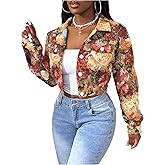 GORGLITTER Women's Floral Jackets Jacquard Long Sleeve Button Down Cropped Varsity Jacket Fall Outerwear