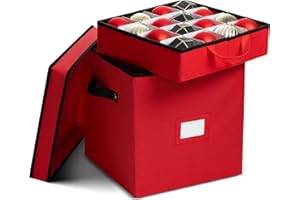 Zober Christmas Ornament Storage Box - Stores 64 Ornaments - Non-Woven, Tear- Proof Christmas Ornament Storage Containers - 3 Inch Cube Compartments - Red