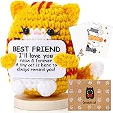 Peryiter Positive Cute Crochet Cat Gifts for Friend Mini Funny Support Knitted Animals with Wood Base Emotional Birthday Gifts Basket Stuffers Desk Decor