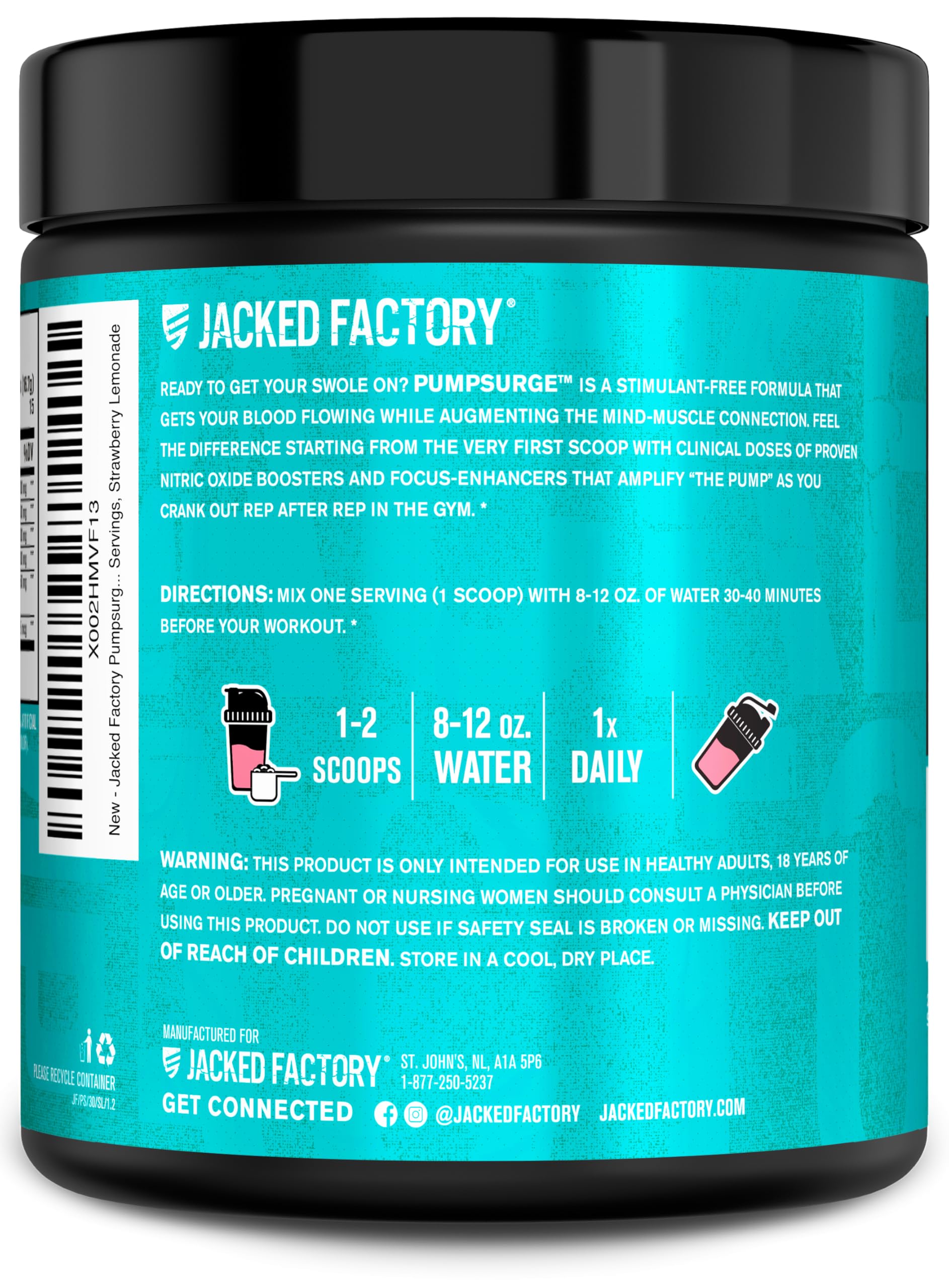Jacked Factory Pumpsurge Caffeine Free Pre Workout for Men & Women - Nootropic Booster & Stim Free Pre Workout - Intense Pumps, Enhanced Focus - 30 Servings, Strawberry Lemonade