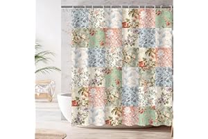 Mocsicka Boho Shower Curtain - Pink Floral Patchwork with 12 Hooks - Mid-Century Flowers Vintage Retro Bath Curtain for Boho Floral Bath Decor - Waterproof Fabric 72 X 72 Inch