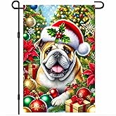BlissYard Bulldog Christmas Garden Flag 12x18 Inch English Bulldog in Santa Hat Double Sided Holiday Dog Yard Banner for Lawn or Porch