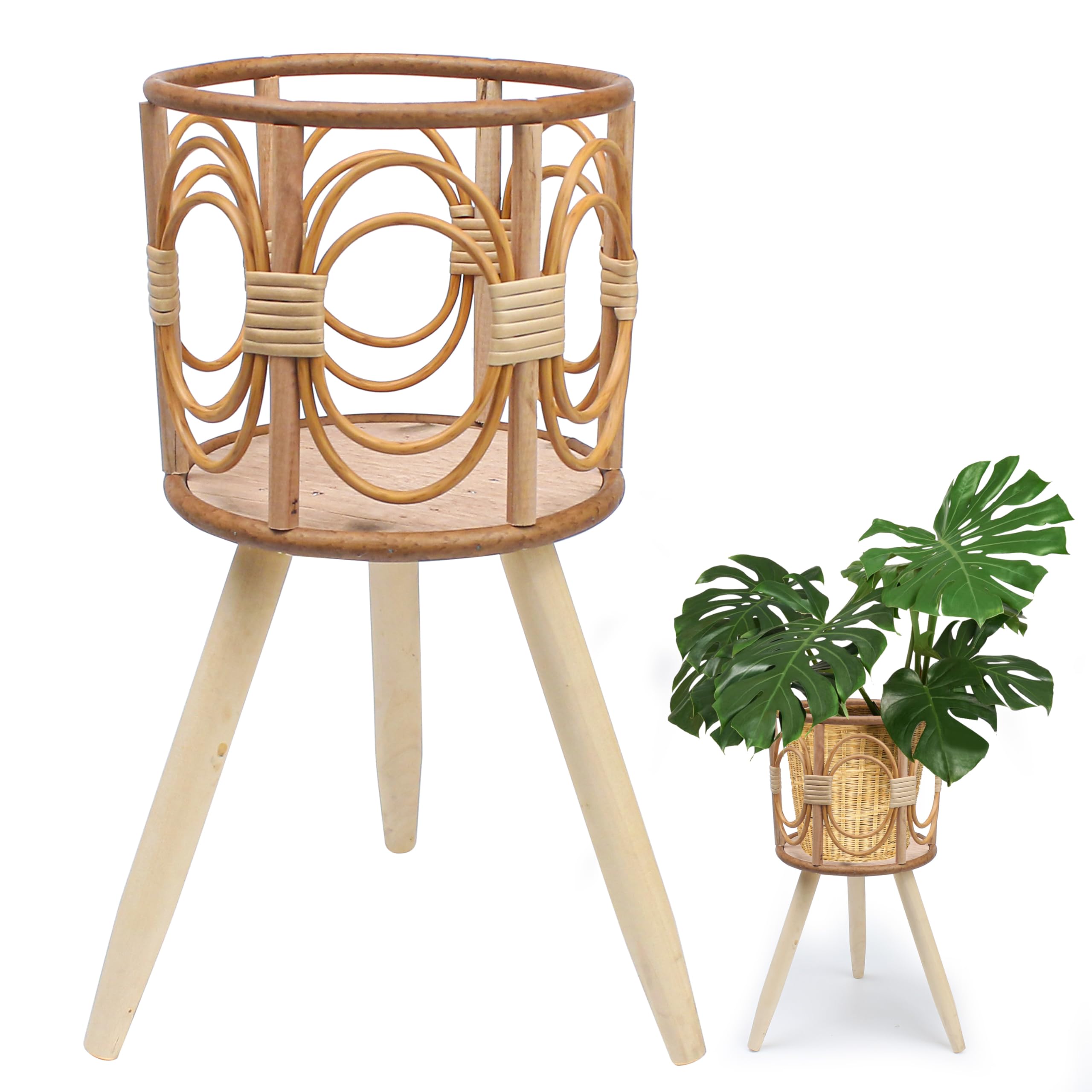 Photo 1 of Rattan Plant Stand, Wicker Plants Baskets Indoor, Small, Cute Handmade Woven Wooden Planter with Legs, Boho Style Hollow Flowers Display Rack Straw Standing Floor Stool Shelf for Pot Holder Outdoor Decorations