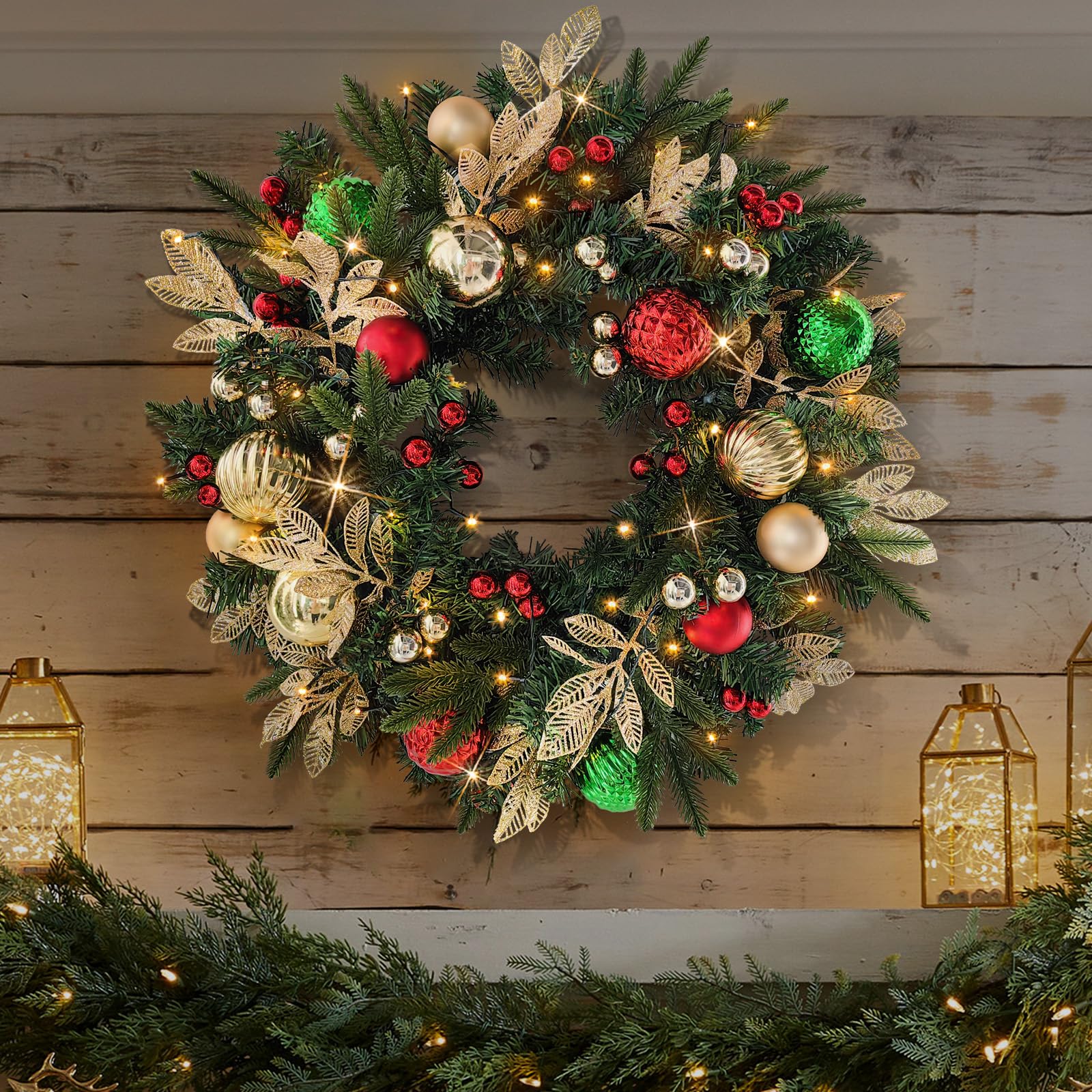 Photo 1 of 28’’ Pre- Artificial Christmas Wreath Battery Operated 35 LED Lights with Gold, Green, and Red Ornaments, Glittering Gold Leaf Steams for Front Door, Xmas Wreath for Holiday Christmas Decorations