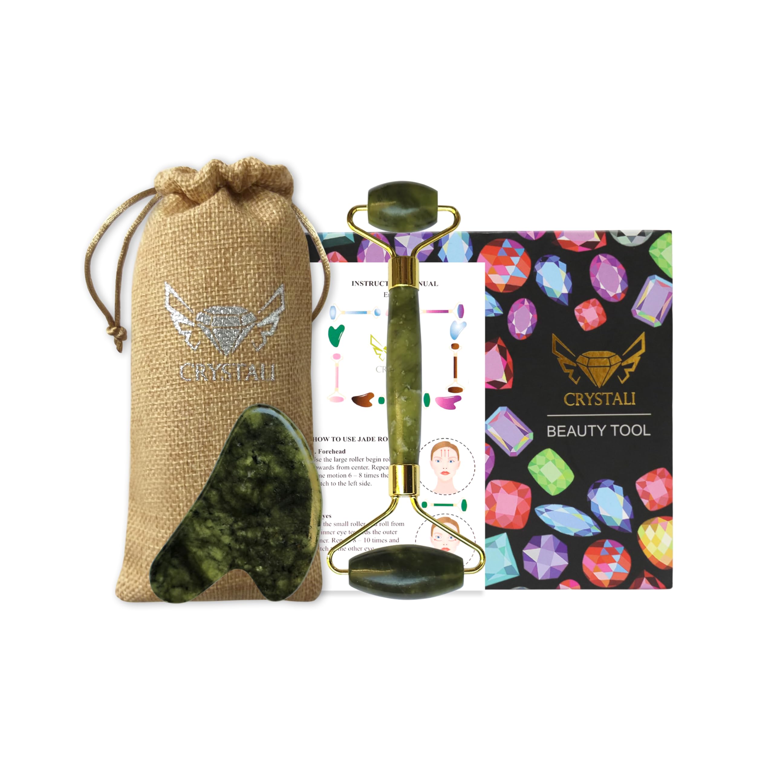 Crystali Gua Sha Set - Anti-Ageing Face Massage Roller and Scraper - Healthy, Beautiful, Young Skin - Jade from South China