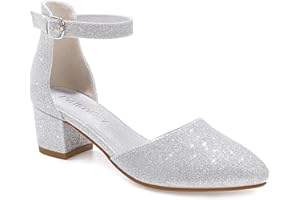 LAURMOSA Little Girls Sandals Closed Toe High Heels Formal Dress Shoes Ankle Strap Pointed Toe Heeled for Little Big Kids in Wedding Party Block Chunky Pump Shoes