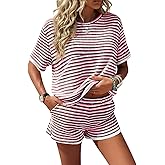 Fisoew Womens Striped 2 Piece Outfits Casual Short Sleeve Shirts Tops Knit Shorts Sets Workout Tracksuits Matching Sets