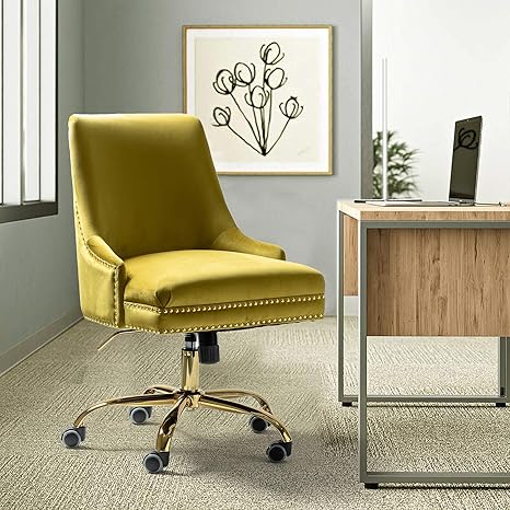 Amazon Com Bella Velvet Fabric Task Chair With Gold Base And Nailhead For Home Office Mustard Kitchen Dining