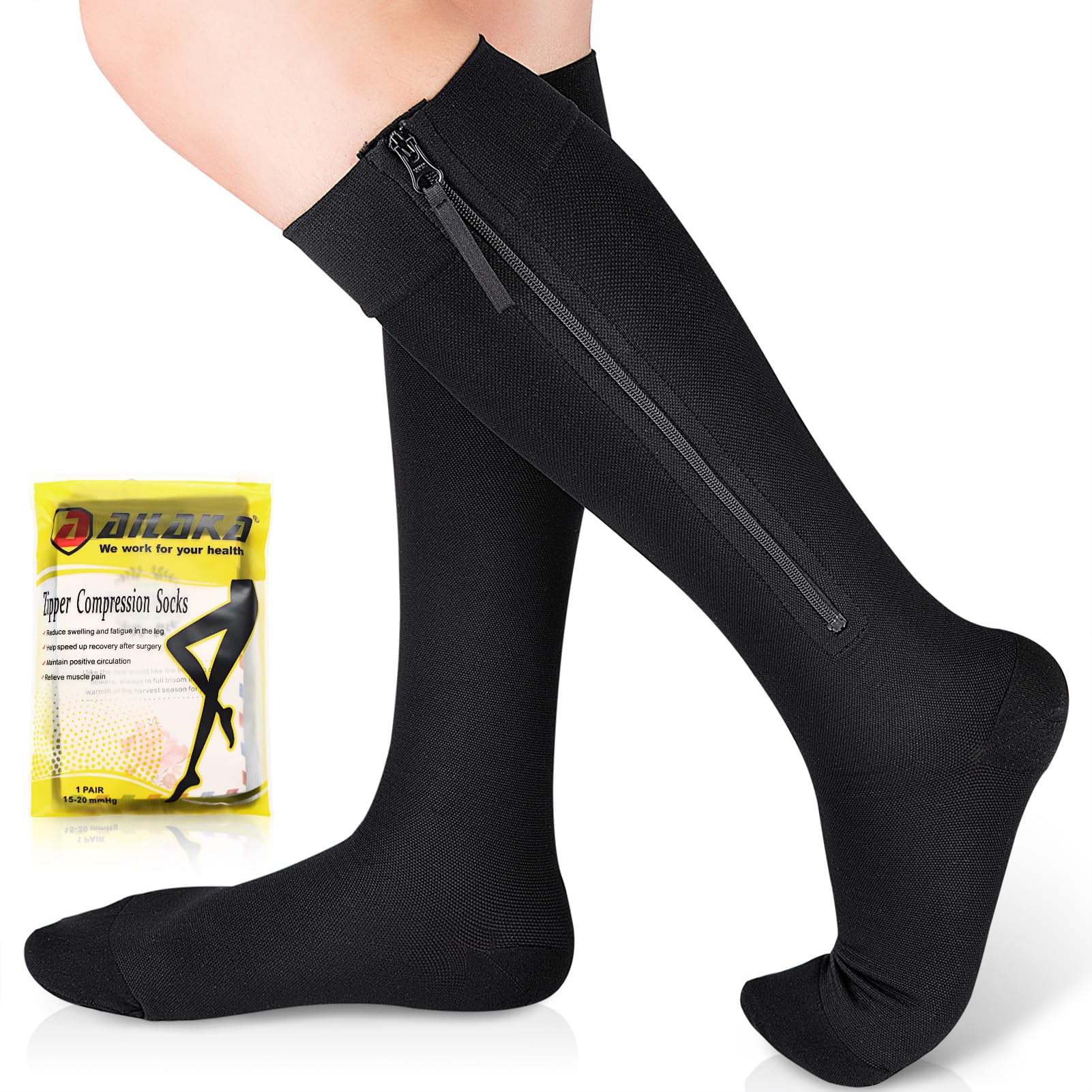 Photo 1 of Ailaka Zipper Compression Socks Medical, 15-20 mmHg Knee High Compression Socks for Men Women, Close Toe Support Socks for Varicose Veins, Edema, Recovery, Pregnant, Nurse(Black, Large)