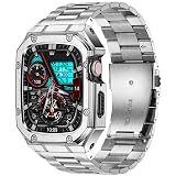 BAITEYOU Stainless Steel Watch Band with Case Compatible with Apple Watch Series SE 3 2 1/6 5 4 (44mm), Series 3 2 1 (42mm), Metal Protective Bumper Rugged Cover for iWatch Bands Men (Silver)