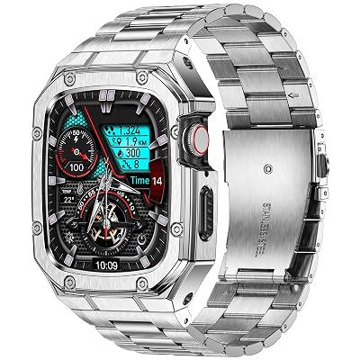 BAITEYOU Stainless Steel Watch Band with Case Compatible with Apple Watch Series SE 3 2 1/6 5 4 (44mm), Series 3 2 1 (42mm), Metal Protective Bumper Rugged Cover for iWatch Bands Men (Silver)