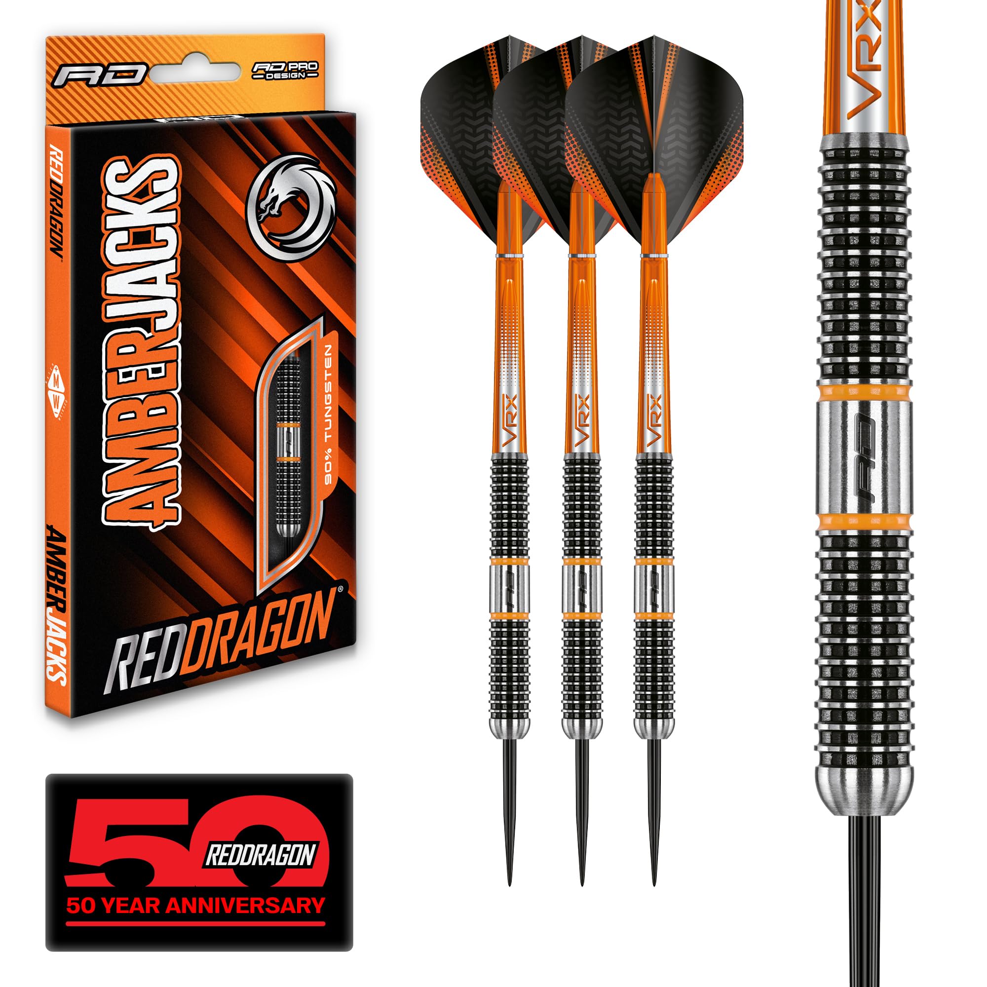 RED DRAGON Darts – Amberjack 18 Series 22g Steel Tip Dart Set with Dart Flights and Dart Shafts (Stems)