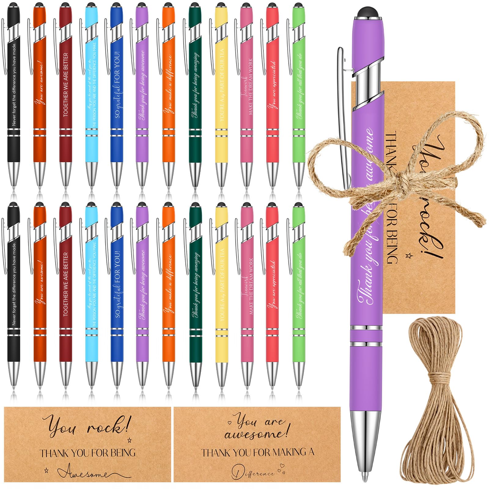 Sinmoe 24 Sets Employee Appreciation Gifts Include 24 Pcs Inspirational Ballpoint Pens 24 Pcs Thank You Cards with Rope Motivational Quotes Pen with Stylus Tip Encouraging Handwriting Pen for Coworker
