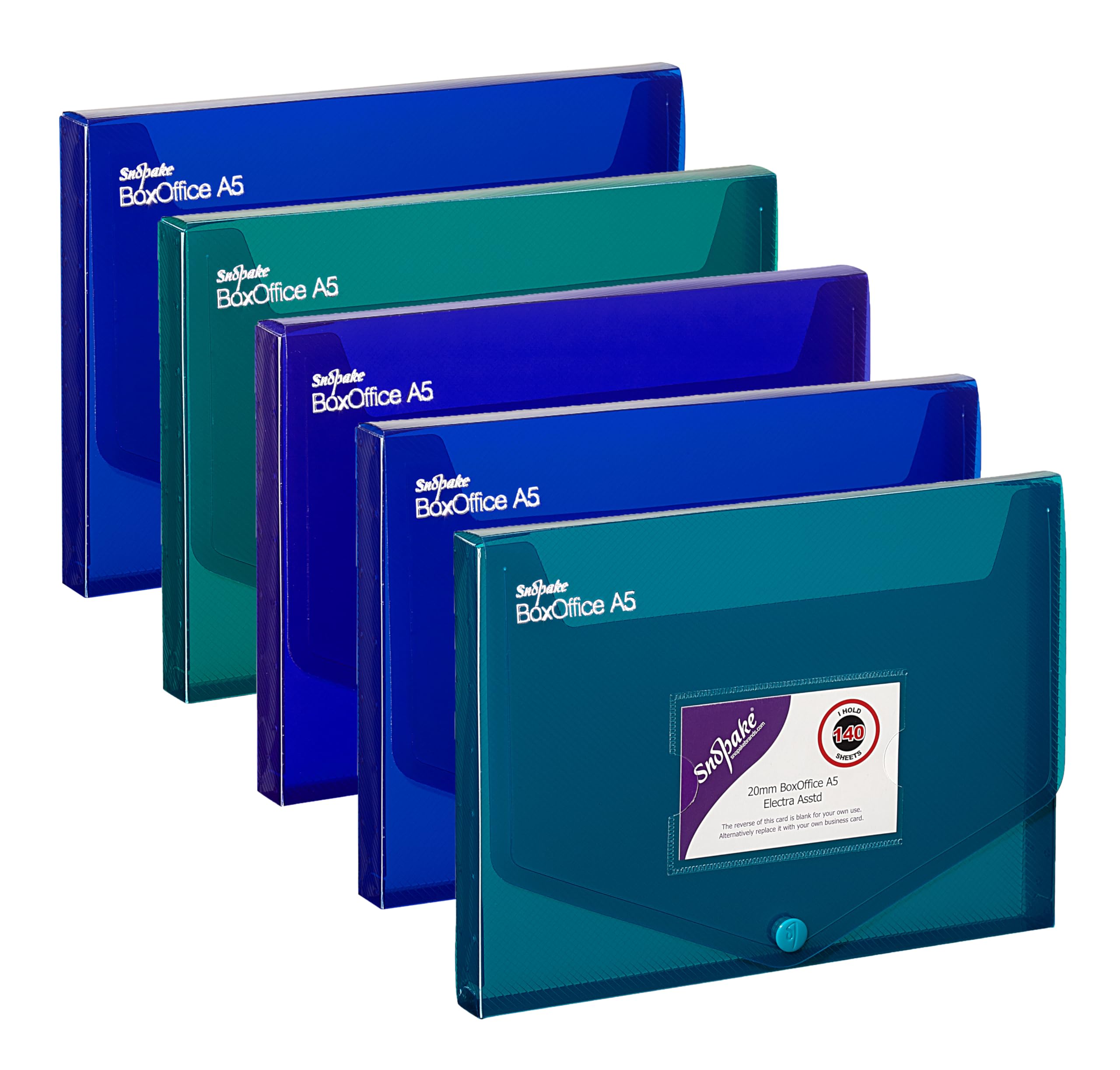 Snopake A5 20 mm BoxOffice – Electra Assorted [Pack of 5] Polypropylene Storage Box with Business Card Holder Clear [13801]