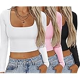 Ekouaer Womens 3 Pack Long Sleeve Crop Tops Square Neck Ribbed Slim Fitted Base Layer Basic Shirt Thermal Undershirts XS-XXL Black/White/Pink XXL