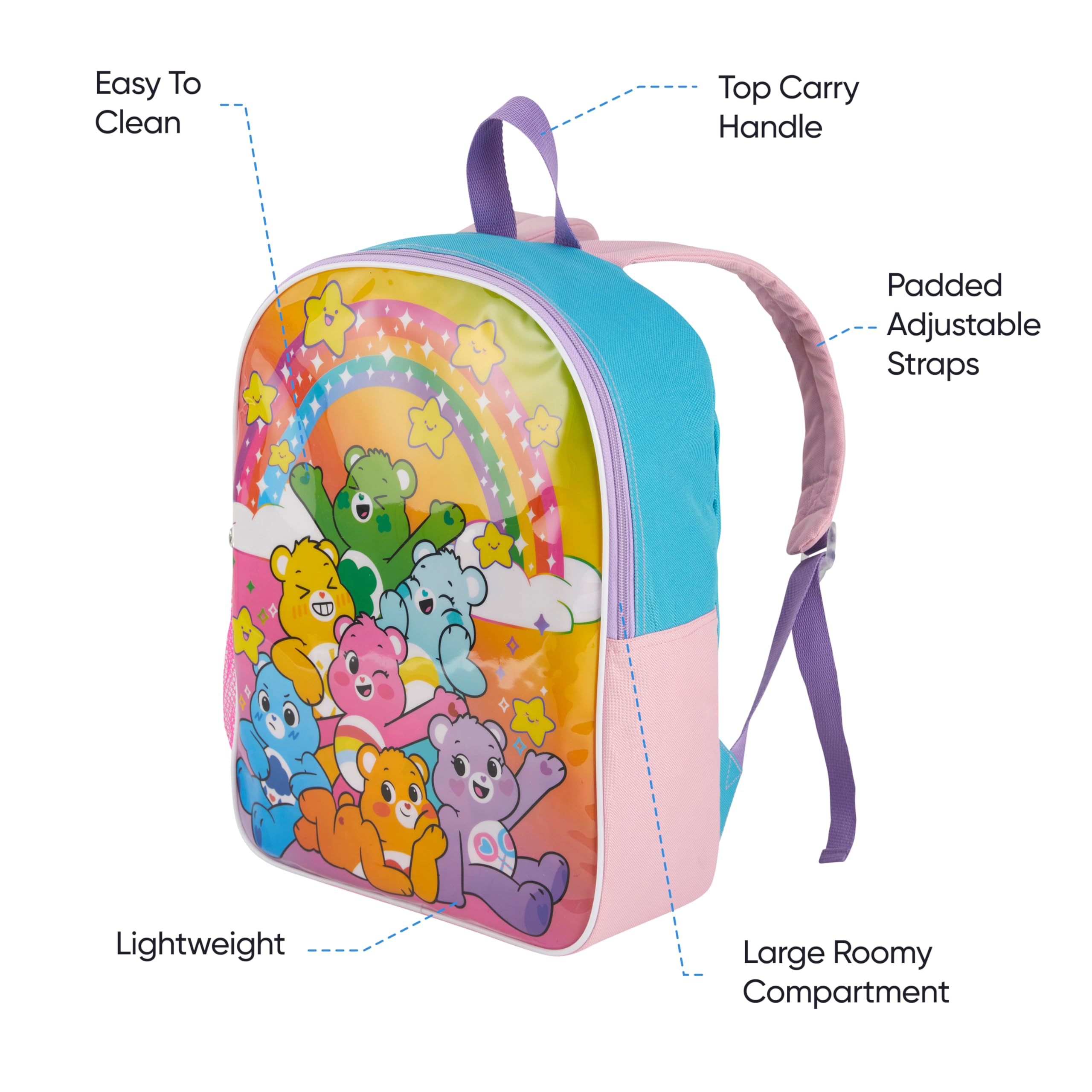 Fast Forward Care Bears 15' Backpack for Girls | Padded Straps & Large Zip Compartment | Back to School Supplies