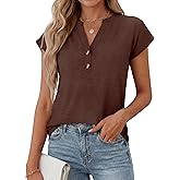 ANRABESS Womens Tops Dressy Casual Cap Sleeve Summer Work Blouses Textured V Neck Henley Shirts 2026 Trendy Business Outfits