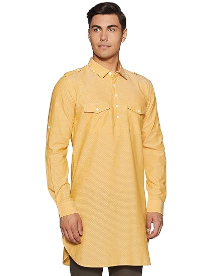 Men's Cotton pathan suit Indo Western Kurta (ICMMF04SC22L01-02_ Yellow_ Medium)