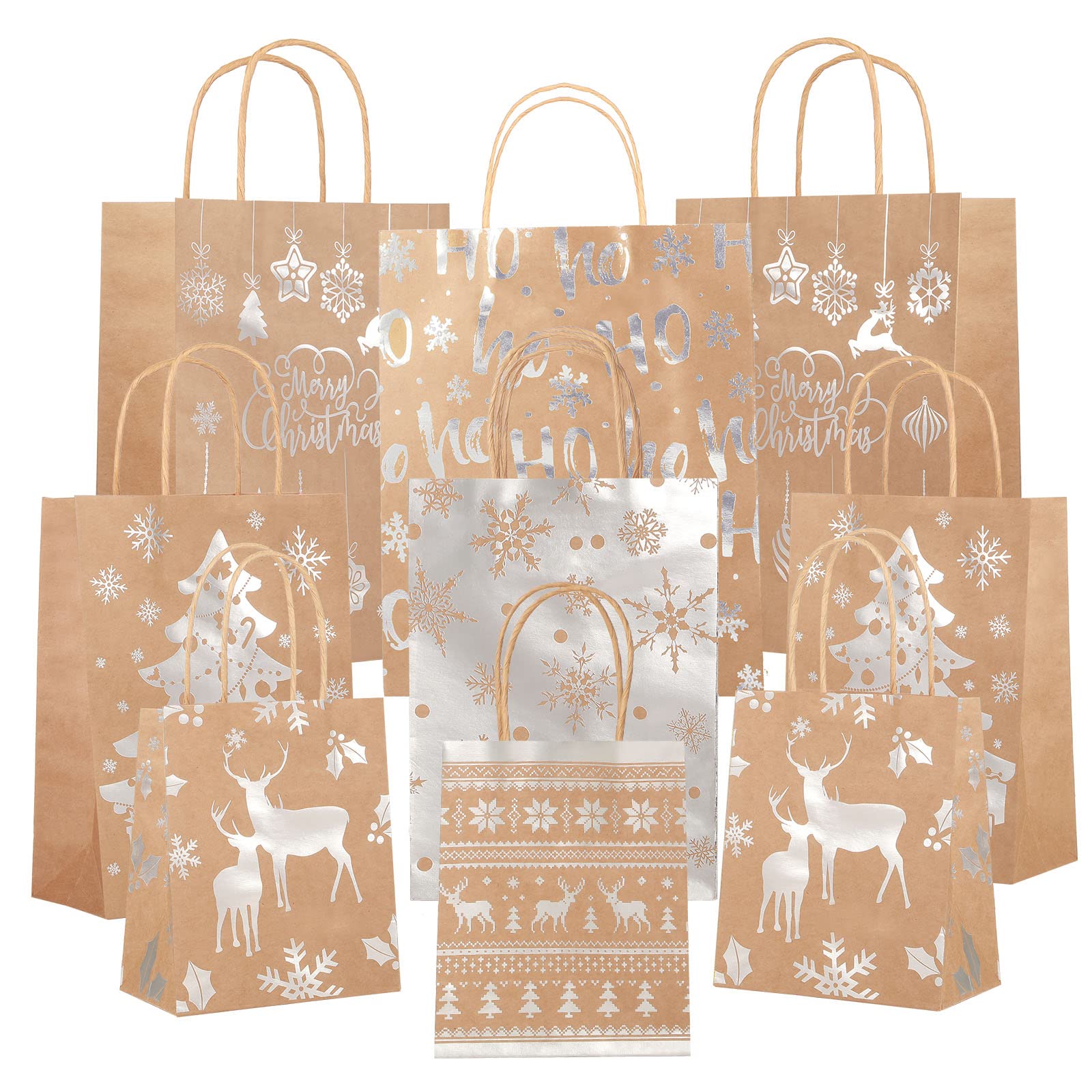 Nezyo 18 Pcs Christmas Kraft Paper Bags Xmas Gift Bags Multipack with Handle Bronzing Metallic Gift Treat Goodie Assorted Sizes Bulk for Holiday New Year Party Packaging Decor(Silver)