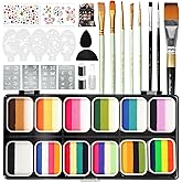 Pintada 120g Large Capacity Face Painting Kit for Adult - 12 x 10g Non Toxic Water Activated Face Paint Palette with Brush, Stencil, Gem, Sponge. For Halloween , Carnival, Party, Festivals & Events.