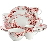 Elama Traditional Rose 16 Piece Porcelain Dinnerwar/Tableware Set, Service for 4 (Red)