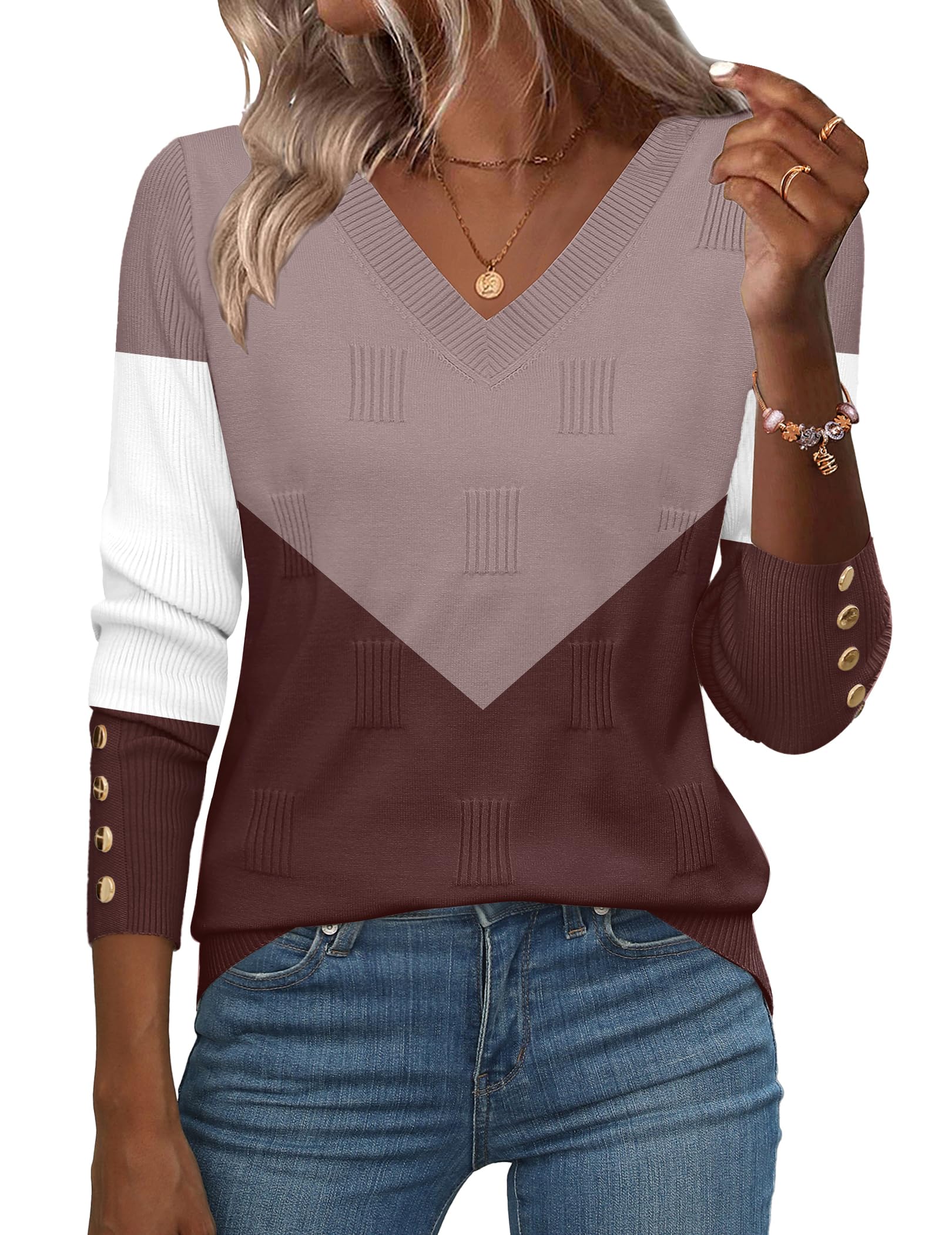 Zeagoo Womens Fall Sweaters Tops Fashion V Neck Sweater Dressy Casual Summer Long Sleeve Work Blouses Ribbed Knitted Outfits Image