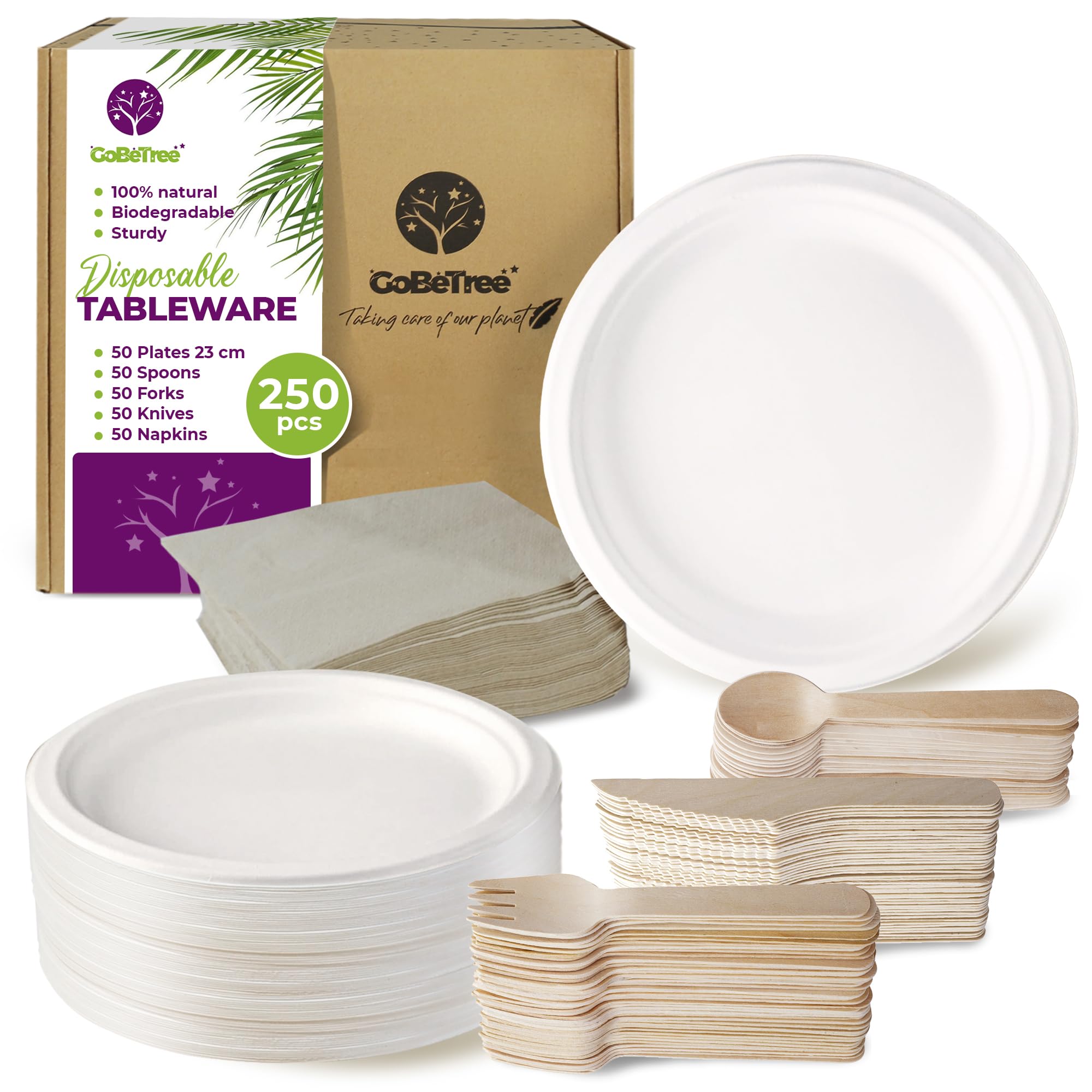 Disposable Tableware of 250 Pieces for 50 People. Ecological Tableware Made of Sugarcane. Includes 50 Plates, 150 Wooden Cutlery, and 50 Napkins.