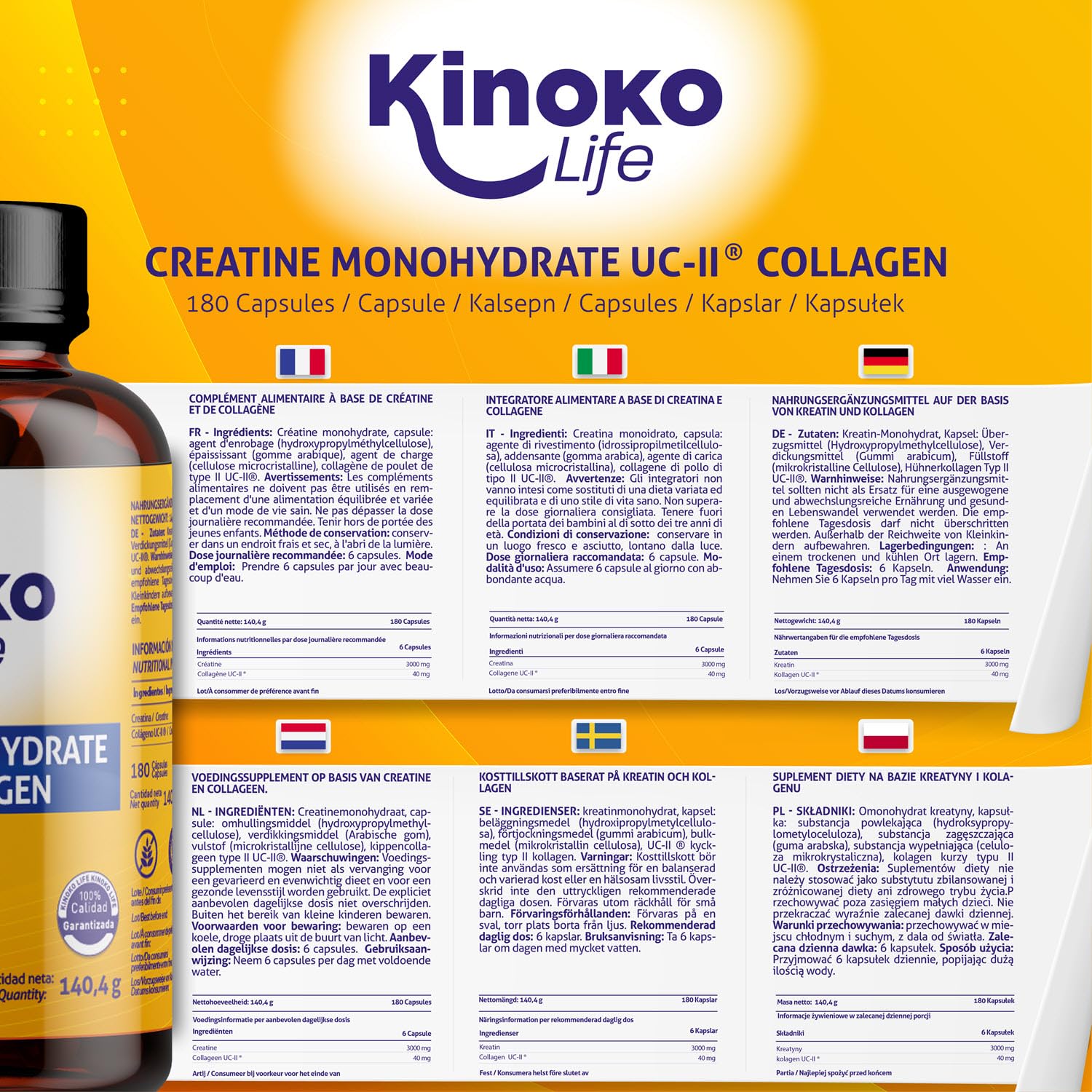 Kinoko Life Creatin Monohydrat Kapseln 3000mg & UCII Kollagen – 180 Kapseln – Kreatin und Creatine Monohydrate für Pre Workout Booster und Gym – Hochdosierte Creatin Kapseln mit Kreatin Pulver 7