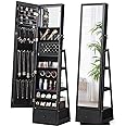 Nicetree 360° Swivel Jewelry Cabinet with Lights, Touch Screen Vanity Mirror, Rotatable Full Length Mirror with Jewelry Storage, Standing Jewelry Armoire Organizer, Foldable Makeup Shelf, Black