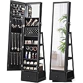Nicetree 360° Swivel Jewelry Cabinet with Lights, Touch Screen Vanity Mirror, Rotatable Full Length Mirror with Jewelry Storage, Standing Jewelry Armoire Organizer, Foldable Makeup Shelf, Black