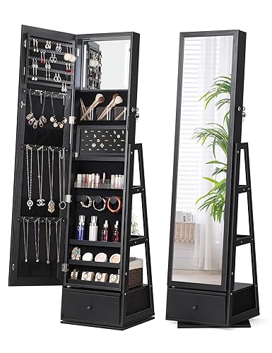 Nicetree 360° Swivel Jewelry Cabinet with Lights, Touch Screen Vanity  Mirror, Rotatable Full Length Mirror with Jewelry Storage, Standing Jewelry 