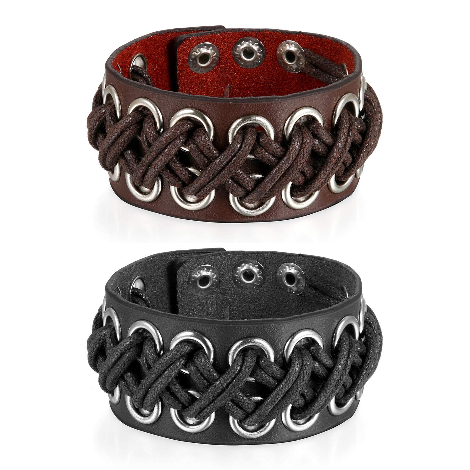 JewelryWe Mens Leather Bracelet Punk Style Wide Leather Cuff Band Adjustable Weave Wrap Bracelet