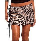 SOLY HUX Women's Sequin Lace Up Tie Side Mini Skirt Zebra Striped Drop Waist Skirts