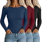 Riyiper 3 Pack Women's Long Sleeve Shirts Ribbed Cotton Boat Neck Tops Lettuce Trim Underscrub Slim Fit Casual Basic Tees