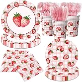 Strawberry Birthday Decorations,144Pcs Strawberry Party Plates,Napkins,Cups Strawberry Party Supplies Summer Fruit Tableware Set for Girls Baby Shower,Berry First Birthday Decor