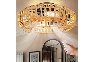 OUTON 18.8'' Boho Caged Ceiling Fans with Lights and Remote, Low Profile Rattan Ceiling Fan with Reversible DC Motor, 6 Speeds, Timer, Enclosed Bladeless Ceiling Fans for Bedroom Kitchen Living Room