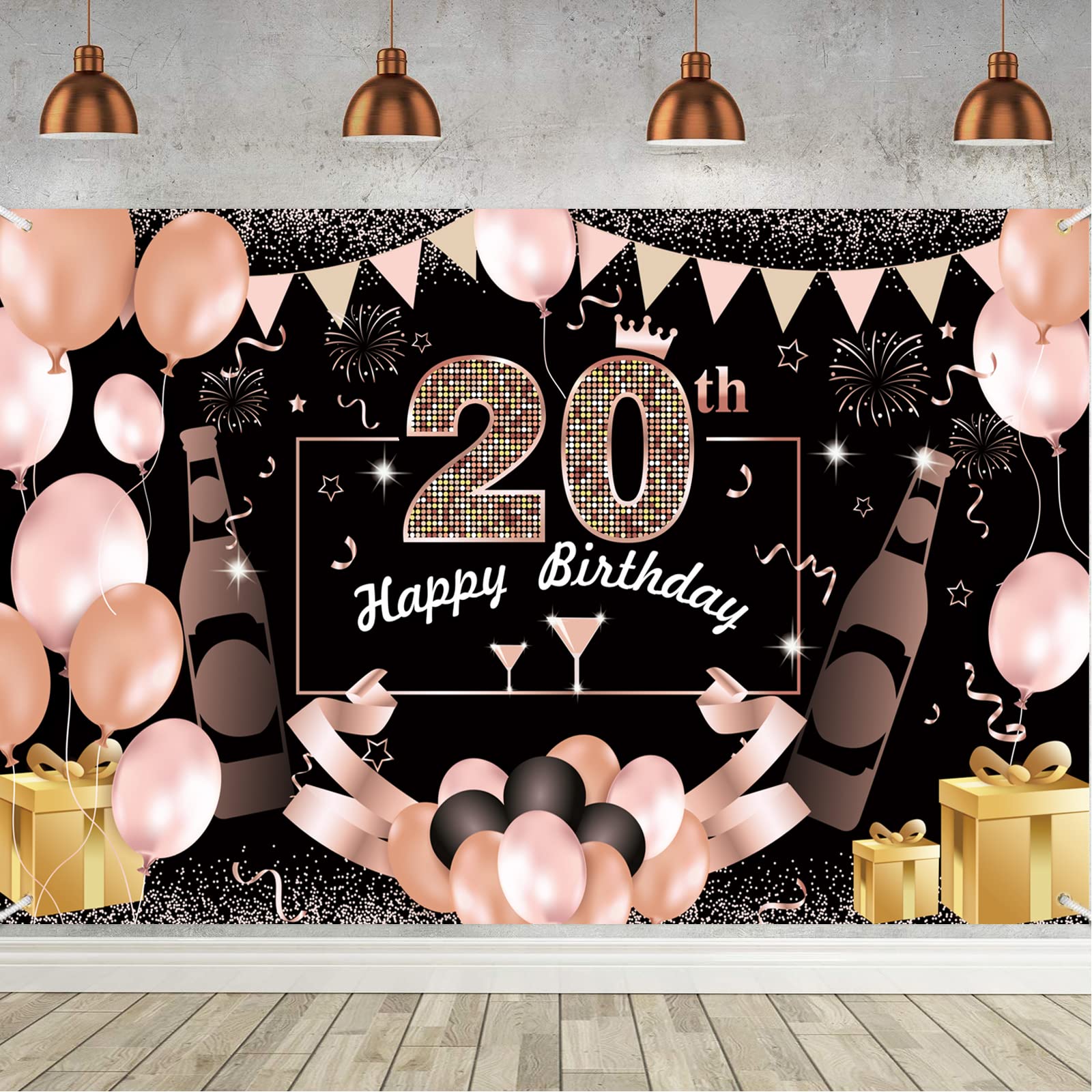 KEMIN 20th Birthday Decorations Backdrop,Happy Birthday Banner & Balloon Set for 20th Birthday Party,20th Birthday Banner,Happy Birthday Banner Indoor and Outdoor Backdrop Decoration(70 x 43 Inch)